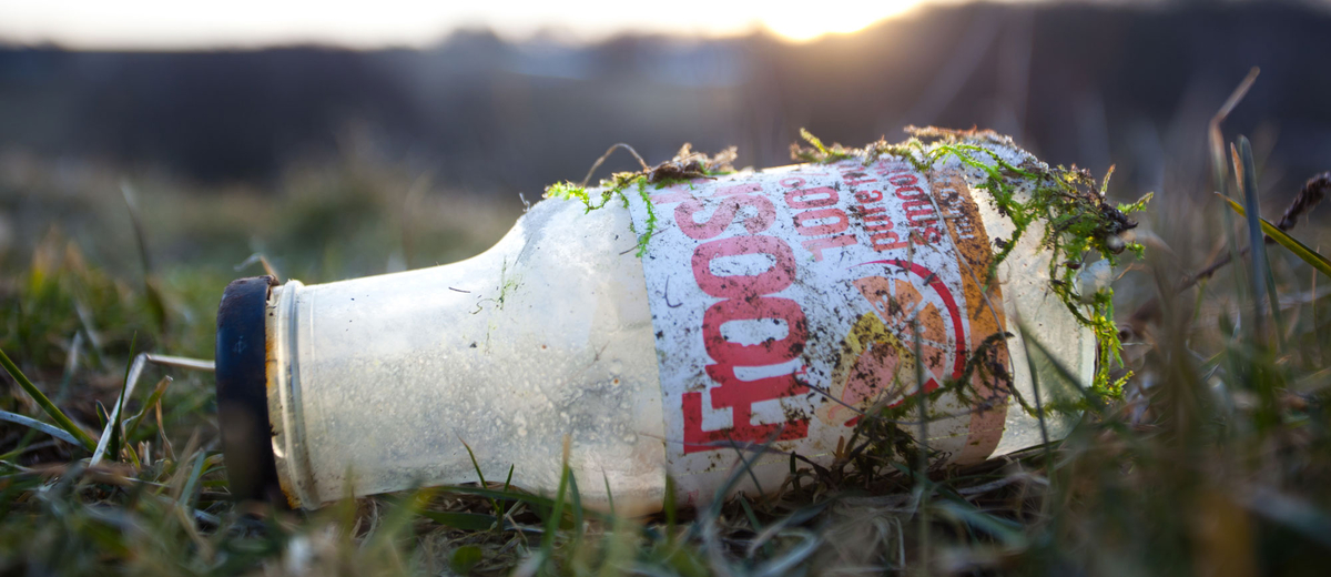 En glasflaska ligger slängd i naturen